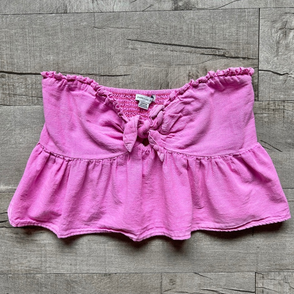 American Eagle Pink Tie Front Tube Top Festival Ruched Y2K Crop Top Cotton Linen